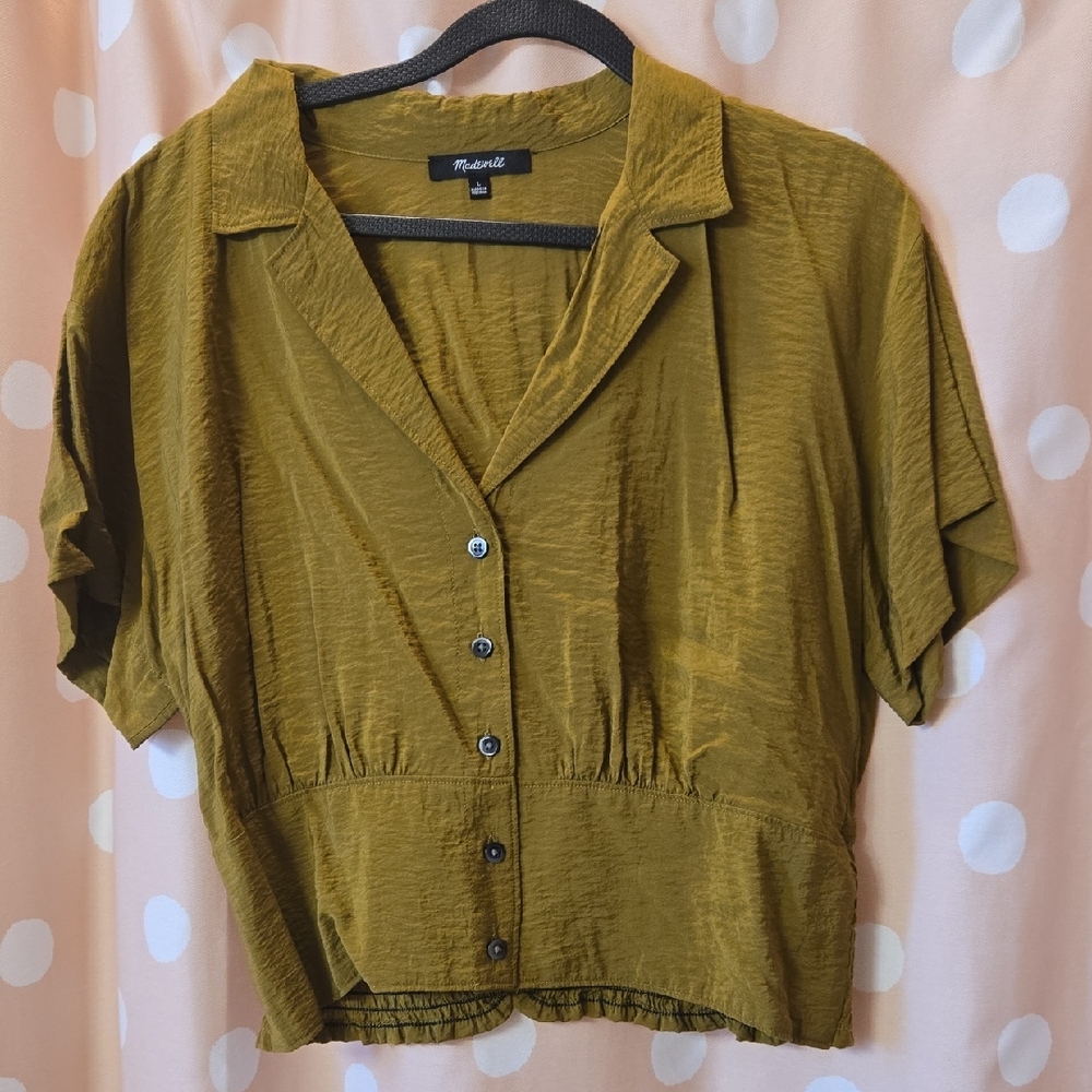 Madewell Cropped Blouse Viscose Blend, Golden Green Sz L